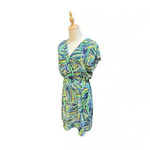 Halogen Tropical Jungle Cap Sleeve V-Neck Faux Wrap Blue Green Dress Size S